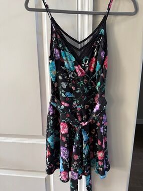 Express Black Floral Wrap Mini Dress with Pink, Purple & Teal Flowers